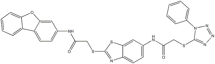 N-(2-{[2-(dibenzo[b,d]furan-3-ylamino)-2-oxoethyl]sulfanyl}-1,3-benzothiazol-6-yl)-2-[(1-phenyl-1H-tetraazol-5-yl)sulfanyl]acetamide Struktur