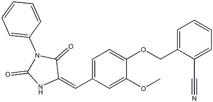 2-({4-[(2,5-dioxo-1-phenylimidazolidin-4-ylidene)methyl]-2-methoxyphenoxy}methyl)benzonitrile Struktur