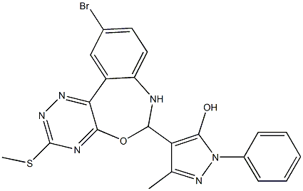 4-[10-bromo-3-(methylsulfanyl)-6,7-dihydro[1,2,4]triazino[5,6-d][3,1]benzoxazepin-6-yl]-3-methyl-1-phenyl-1H-pyrazol-5-ol Struktur