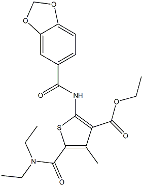 ethyl 2-[(1,3-benzodioxol-5-ylcarbonyl)amino]-5-[(diethylamino)carbonyl]-4-methyl-3-thiophenecarboxylate Struktur