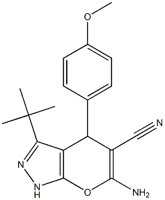 6-amino-3-tert-butyl-4-(4-methoxyphenyl)-1,4-dihydropyrano[2,3-c]pyrazole-5-carbonitrile Struktur