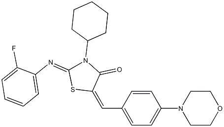 3-cyclohexyl-2-[(2-fluorophenyl)imino]-5-[4-(4-morpholinyl)benzylidene]-1,3-thiazolidin-4-one Struktur