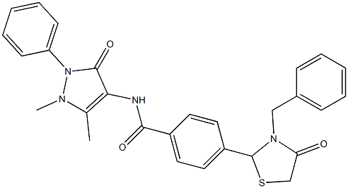 4-(3-benzyl-4-oxo-1,3-thiazolidin-2-yl)-N-(1,5-dimethyl-3-oxo-2-phenyl-2,3-dihydro-1H-pyrazol-4-yl)benzamide Struktur