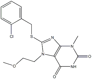 8-[(2-chlorobenzyl)sulfanyl]-7-(2-methoxyethyl)-3-methyl-3,7-dihydro-1H-purine-2,6-dione Struktur