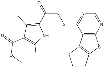 methyl 5-[(6,7-dihydro-5H-cyclopenta[4,5]thieno[2,3-d]pyrimidin-4-ylsulfanyl)acetyl]-2,4-dimethyl-1H-pyrrole-3-carboxylate Struktur