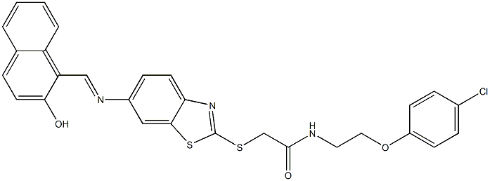 N-[2-(4-chlorophenoxy)ethyl]-2-[(6-{[(2-hydroxy-1-naphthyl)methylene]amino}-1,3-benzothiazol-2-yl)sulfanyl]acetamide Struktur