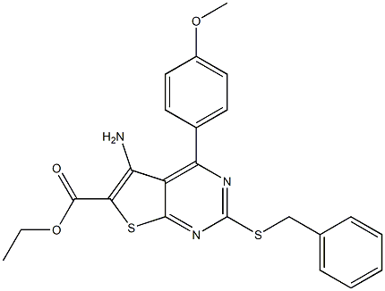 ethyl 5-amino-2-(benzylsulfanyl)-4-(4-methoxyphenyl)thieno[2,3-d]pyrimidine-6-carboxylate Struktur