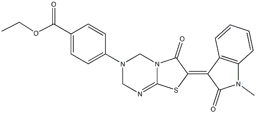 ethyl 4-(7-(1-methyl-2-oxo-1,2-dihydro-3H-indol-3-ylidene)-6-oxo-6,7-dihydro-2H-[1,3]thiazolo[3,2-a][1,3,5]triazin-3(4H)-yl)benzoate Struktur