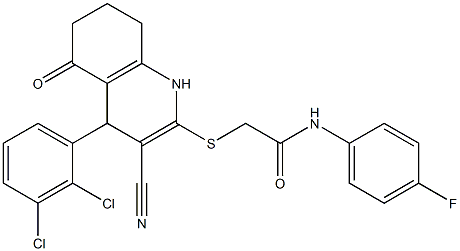 2-{[3-cyano-4-(2,3-dichlorophenyl)-5-oxo-1,4,5,6,7,8-hexahydroquinolin-2-yl]sulfanyl}-N-(4-fluorophenyl)acetamide Struktur