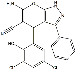 6-amino-4-(3,5-dichloro-2-hydroxyphenyl)-3-phenyl-1,4-dihydropyrano[2,3-c]pyrazole-5-carbonitrile Struktur