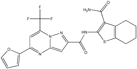 N-[3-(aminocarbonyl)-4,5,6,7-tetrahydro-1-benzothien-2-yl]-5-(2-furyl)-7-(trifluoromethyl)pyrazolo[1,5-a]pyrimidine-2-carboxamide Struktur