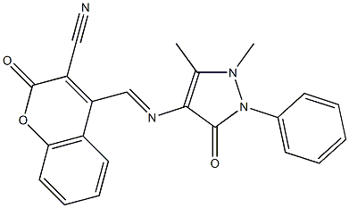 4-{[(1,5-dimethyl-3-oxo-2-phenyl-2,3-dihydro-1H-pyrazol-4-yl)imino]methyl}-2-oxo-2H-chromene-3-carbonitrile Struktur