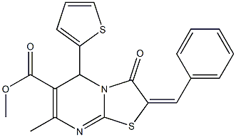 methyl 2-benzylidene-7-methyl-3-oxo-5-(2-thienyl)-2,3-dihydro-5H-[1,3]thiazolo[3,2-a]pyrimidine-6-carboxylate Struktur