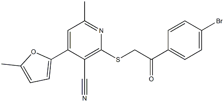 2-{[2-(4-bromophenyl)-2-oxoethyl]sulfanyl}-6-methyl-4-(5-methyl-2-furyl)nicotinonitrile Struktur