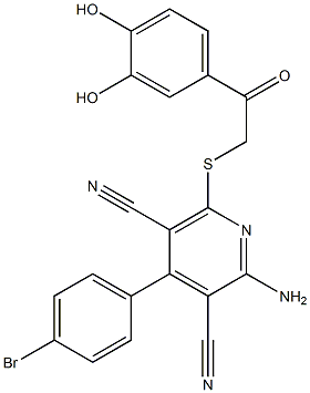 2-amino-4-(4-bromophenyl)-6-{[2-(3,4-dihydroxyphenyl)-2-oxoethyl]sulfanyl}-3,5-pyridinedicarbonitrile Struktur