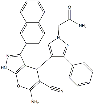 2-{4-[6-amino-5-cyano-3-(2-naphthyl)-1,4-dihydropyrano[2,3-c]pyrazol-4-yl]-3-phenyl-1H-pyrazol-1-yl}acetamide Struktur