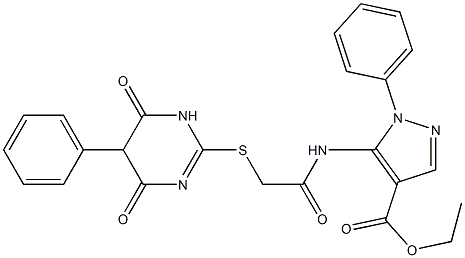 ethyl 5-({[(4,6-dioxo-5-phenyl-1,4,5,6-tetrahydro-2-pyrimidinyl)sulfanyl]acetyl}amino)-1-phenyl-1H-pyrazole-4-carboxylate Struktur