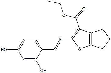 ethyl 2-{[(E)-(2,4-dihydroxyphenyl)methylidene]amino}-5,6-dihydro-4H-cyclopenta[b]thiophene-3-carboxylate Struktur