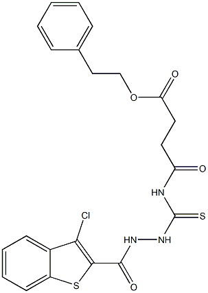 phenethyl 4-[({2-[(3-chloro-1-benzothiophen-2-yl)carbonyl]hydrazino}carbothioyl)amino]-4-oxobutanoate Struktur