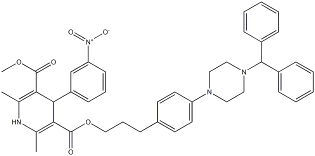 2,6-Dimethyl-4-(3-nitrophenyl)-1,4-dihydropyridine-3,5-dicarboxylic acid 3-methyl 5-[3-[4-[(4-benzhydrylpiperazin)-1-yl]phenyl]propyl] ester Struktur