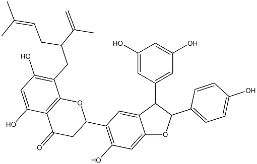 5,7-Dihydroxy-2-[[2,3-dihydro-6-hydroxy-2-(4-hydroxyphenyl)-3-(3,5-dihydroxyphenyl)benzofuran]-5-yl]-8-[5-methyl-2-(1-methylethenyl)-4-hexenyl]chroman-4-one Struktur