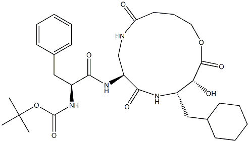 (3R,4S,7S)-7-[(S)-2-(tert-Butyloxycarbonylamino)-3-phenylpropanoylamino]-4-(cyclohexylmethyl)-3-hydroxy-1-oxa-5,9-diazacyclotridecane-2,6,10-trione Struktur