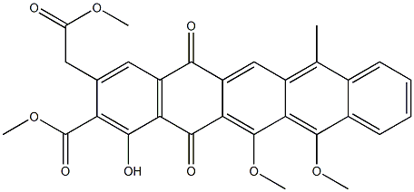 1-Hydroxy-12,13-dimethoxy-2-(methoxycarbonyl)-3-[(methoxycarbonyl)methyl]-7-methyl-5,14-pentacenedione Struktur