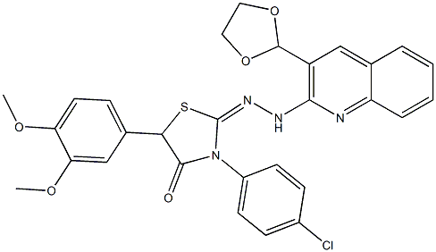 2-[2-[3-(1,3-Dioxolane-2-yl)quinoline-2-yl]hydrazono]-3-(4-chlorophenyl)-5-(3,4-dimethoxyphenyl)thiazolidine-4-one Struktur