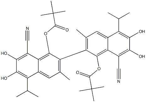 1,1'-Bis(pivaloyloxy)-6,6',7,7'-tetrahydroxy-5,5'-diisopropyl-3,3'-dimethyl-2,2'-binaphthalene-8,8'-dicarbonitrile Struktur