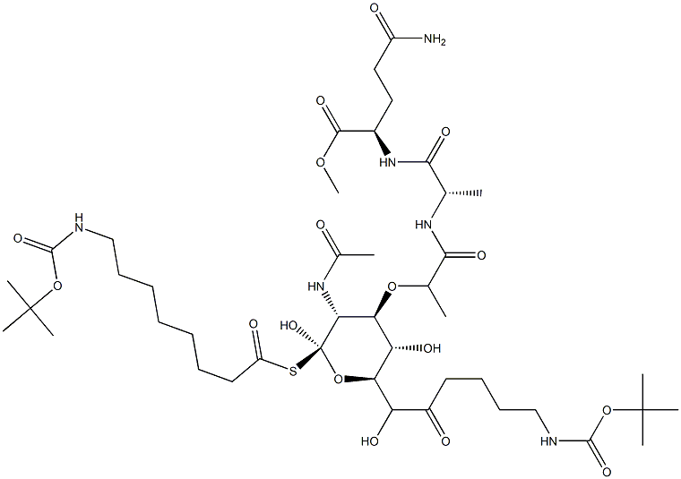 N2-[N-[N-Acetyl-1-[[8-[[(tert-butoxy)carbonyl]amino]octanoyl]thio]-6-[5-[[(tert-butoxy)carbonyl]amino]pentanoyl]muramoyl]-L-alanyl]-D-glutamine methyl ester Struktur