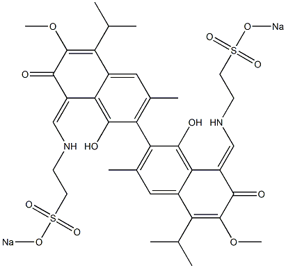 8,8'-Bis[[2-(sodiooxysulfonyl)ethyl]aminomethylene]-1,1'-dihydroxy-3,3'-dimethyl-5,5'-diisopropyl-6,6'-dimethoxy-7,7'-dioxo-7,7',8,8'-tetrahydro-2,2'-bi[naphthalene] Struktur