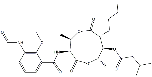 3-Methylbutanoic acid (3S,4R,7R,8R,9S)-3-[(3-formylamino-2-methoxybenzoyl)amino]-4,9-dimethyl-2,6-dioxo-7-butyl-1,5-dioxonan-8-yl ester Struktur