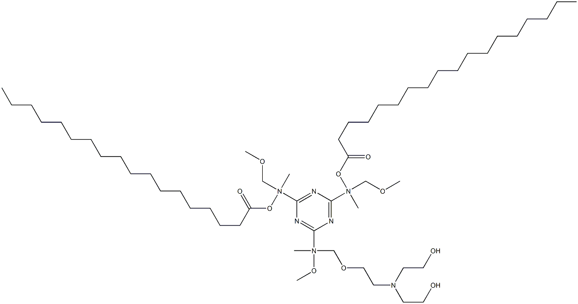 2,4-Bis(N-methoxymethyl-N-stearoyloxymethylamino)-6-[N-methoxymethyl-N-[N,N-di(hydroxyethyl)aminoethoxymethyl]amino]-1,3,5-triazine Struktur