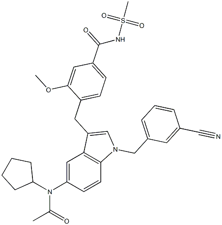 4-[5-(Cyclopentylacetylamino)-1-(3-cyanobenzyl)-1H-indol-3-ylmethyl]-3-methoxy-N-methylsulfonylbenzamide Struktur