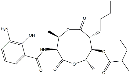 2-Methylbutanoic acid (3S,4R,7R,8R,9S)-3-[(3-amino-2-hydroxybenzoyl)amino]-4,9-dimethyl-2,6-dioxo-7-butyl-1,5-dioxonan-8-yl ester Struktur