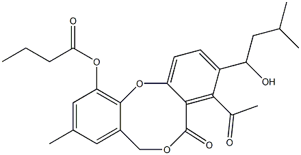 Butyric acid 5-oxo-4-acetyl-9-methyl-3-(1-hydroxy-3-methylbutyl)-5H,7H-dibenzo[b,g][1,5]dioxocin-11-yl ester Struktur