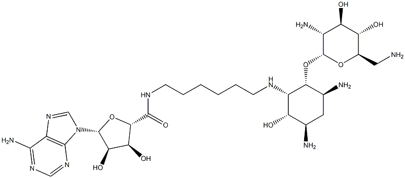 (2S,3S,4R,5R)-5-(6-AMINO-9H-PURIN-9-YL)-N-(6-((1S,2R,3S,5R,6S)-3,5-DIAMINO-2-((2S,3R,4R,5S,6R)-3-AMINO-6-(AMINOMETHYL)-4,5-DIHYDROXYTETRAHYDRO-2H-PYRAN-2-YLOXY)-6-HYDROXYCYCLOHEXYLAMINO)HEXYL)-3,4-DIHYDROXYTETRAHYDROFURAN-2-CARBOXAMIDE Struktur