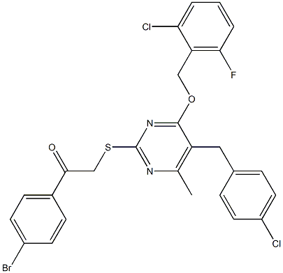 2-(4-Bromophenacylthio)-4-(2-chloro-6-fluorobenzyloxy)-5-(4-chlorobenzyl)-6-methylpyrimidine Struktur