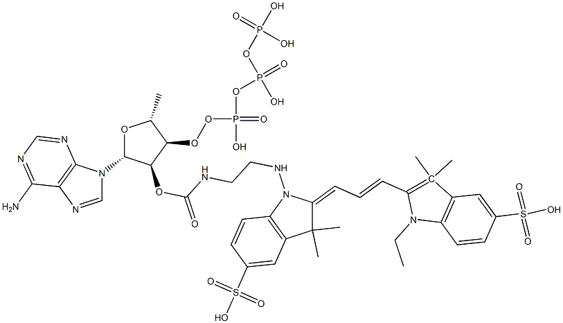 3'(2')-O-(N-(2-((2-((1-ethyl-3,3-dimethyl-5-sulfoindol-2-yl)prop-2-enylidene)-3,3-dimethyl-5-sulfoindol-1-yl)amino)ethyl)carbamoyl)-adenosine triphosphate Struktur