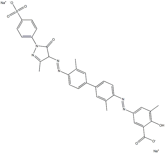 Disodium 5-((4'-((4,5-dihydro-3-methyl-5-oxo-1-(4-sulphonatophenyl)-1H-pyrazol-4-yl)azo)-3,3'-dimethyl(1,1'- biphenyl)-4-yl)azo)-3-methylsalicylate Struktur