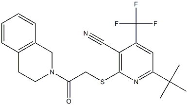 6-(tert-butyl)-2-({2-[3,4-dihydro-2(1H)-isoquinolinyl]-2-oxoethyl}sulfanyl)-4-(trifluoromethyl)nicotinonitrile Struktur