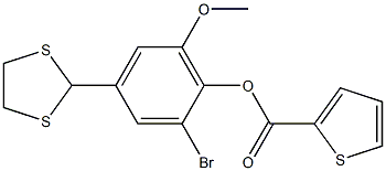 2-bromo-4-(1,3-dithiolan-2-yl)-6-methoxyphenyl thiophene-2-carboxylate Struktur