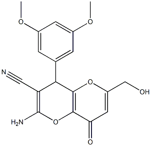 2-amino-4-(3,5-dimethoxyphenyl)-6-(hydroxymethyl)-8-oxo-4,8-dihydropyrano[3,2-b]pyran-3-carbonitrile Struktur