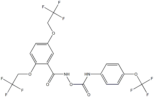 2,5-bis(2,2,2-trifluoroethoxy)-N-({[4-(trifluoromethoxy)anilino]carbonyl}oxy)benzenecarboxamide Struktur