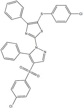 4-chlorophenyl 1-{5-[(4-chlorophenyl)sulfanyl]-4-phenyl-1,3-thiazol-2-yl}-5-phenyl-1H-pyrazol-4-yl sulfone Struktur