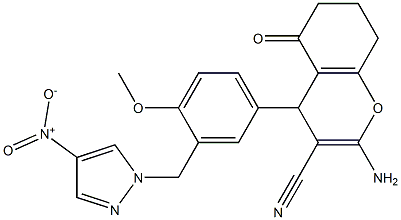 2-amino-4-{4-methoxy-3-[(4-nitro-1H-pyrazol-1-yl)methyl]phenyl}-5-oxo-5,6,7,8-tetrahydro-4H-chromene-3-carbonitrile Struktur