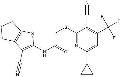 2-{[3-cyano-6-cyclopropyl-4-(trifluoromethyl)-2-pyridinyl]sulfanyl}-N-(3-cyano-5,6-dihydro-4H-cyclopenta[b]thiophen-2-yl)acetamide Struktur