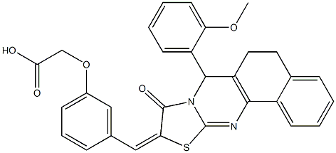 {3-[(7-(2-methoxyphenyl)-9-oxo-5,7-dihydro-6H-benzo[h][1,3]thiazolo[2,3-b]quinazolin-10(9H)-ylidene)methyl]phenoxy}acetic acid Struktur