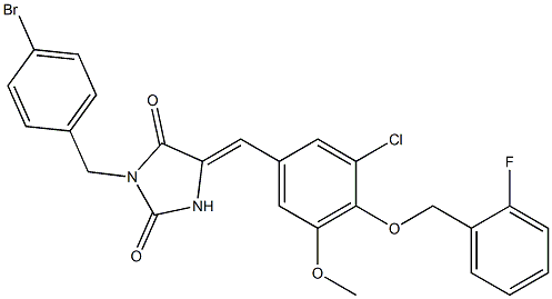 3-(4-bromobenzyl)-5-{3-chloro-4-[(2-fluorobenzyl)oxy]-5-methoxybenzylidene}-2,4-imidazolidinedione Struktur