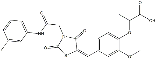 2-[4-({2,4-dioxo-3-[2-oxo-2-(3-toluidino)ethyl]-1,3-thiazolidin-5-ylidene}methyl)-2-methoxyphenoxy]propanoic acid Struktur